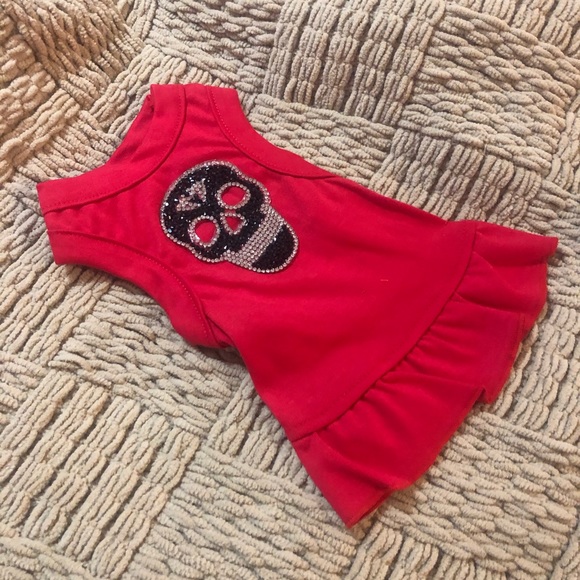 Skull crystal dog rhinestone red dress tshirt large - Picture 2 of 2